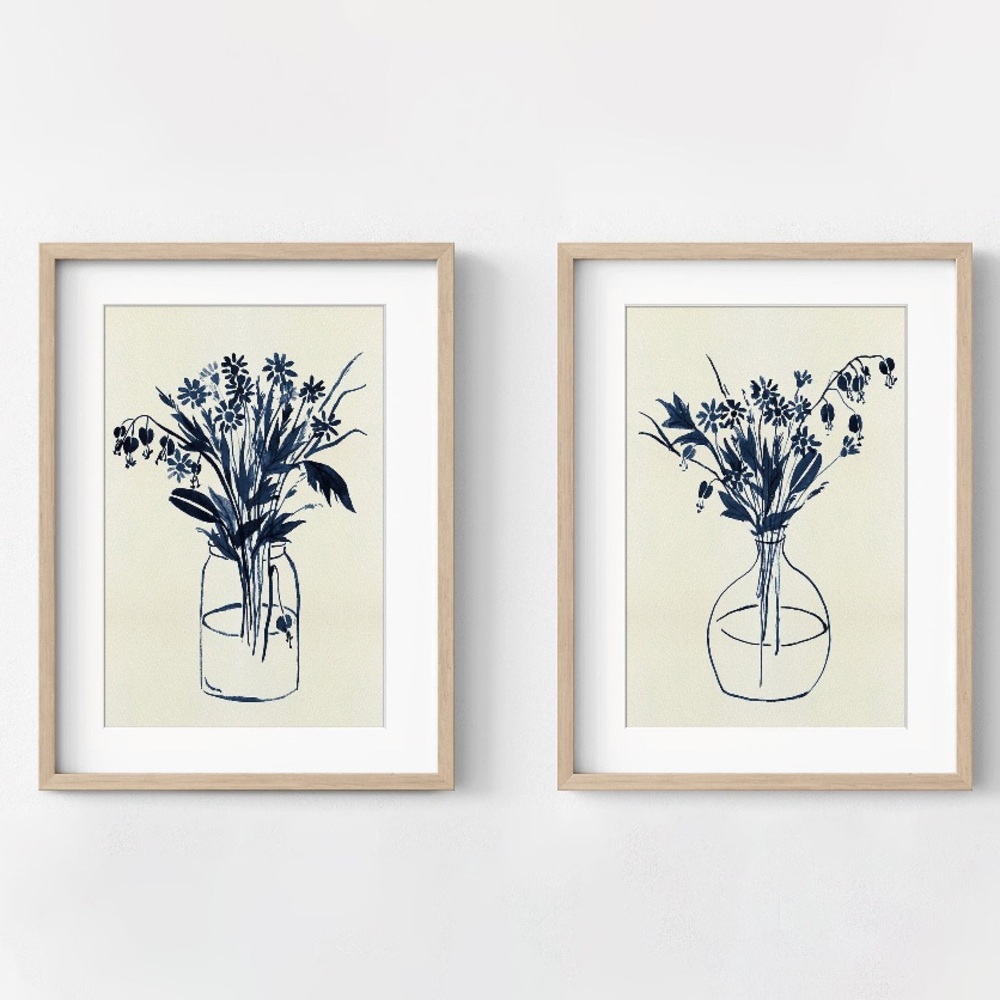 Navy Blue Flowers Print (Set of 2)